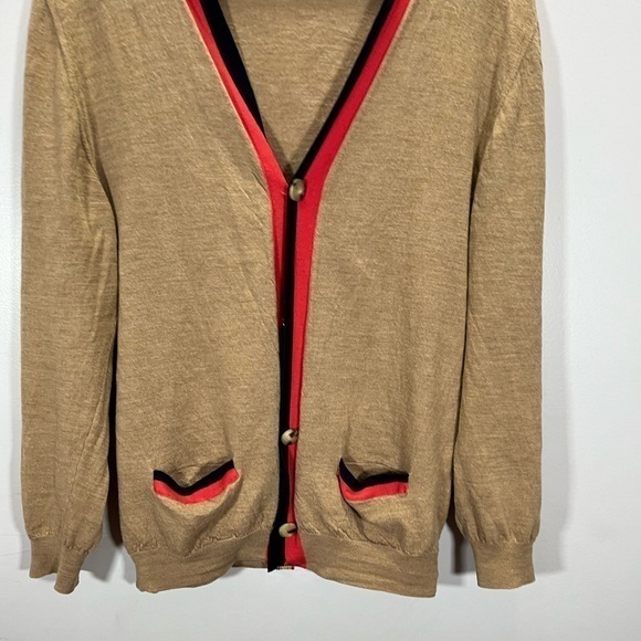 Marc Jacobs Women’s Tan Red Striped 100% Wool Button Front Cardigan Sweater - Picture 5 of 13